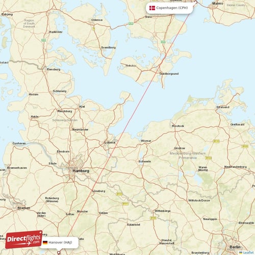 Copenhagen - Hanover direct flight map