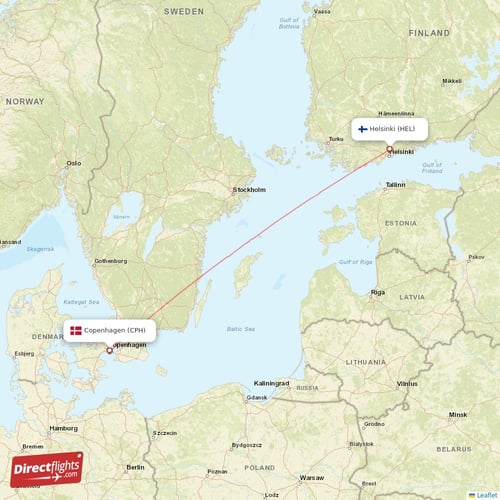 Copenhagen - Helsinki direct flight map