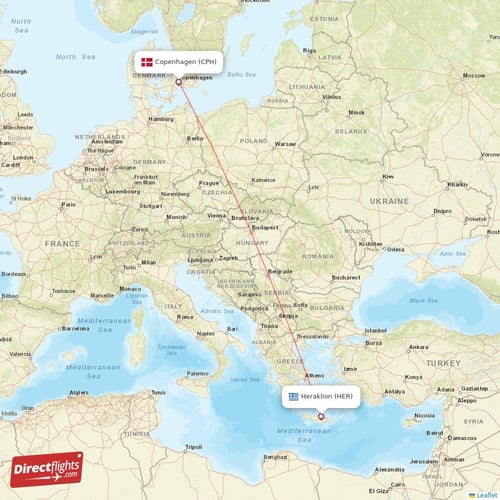 Copenhagen - Heraklion direct flight map