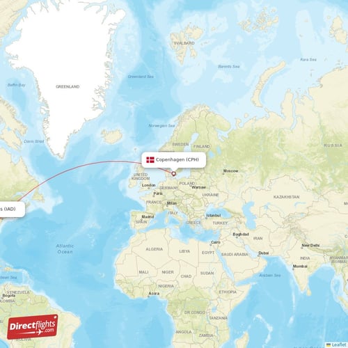 Copenhagen - Dulles direct flight map