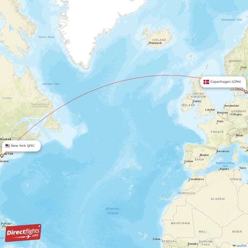 Copenhagen - New York direct flight map