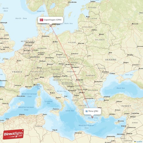 Copenhagen - Thira direct flight map