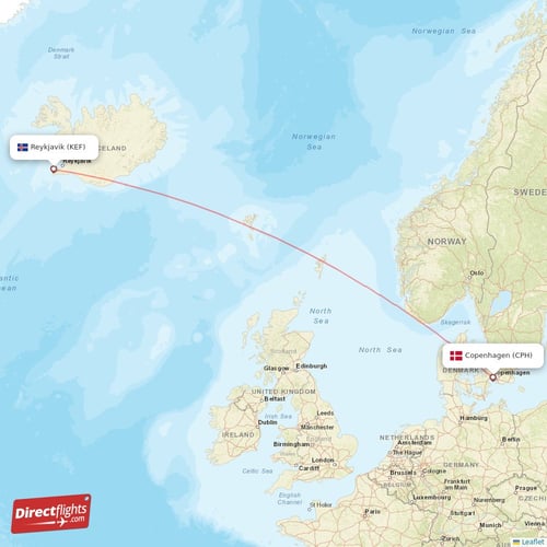 Copenhagen - Reykjavik direct flight map