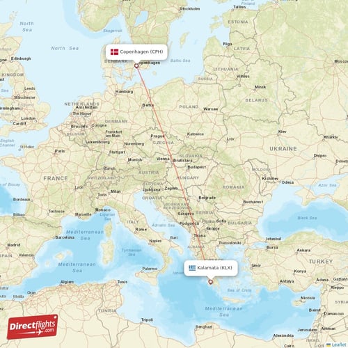 Copenhagen - Kalamata direct flight map