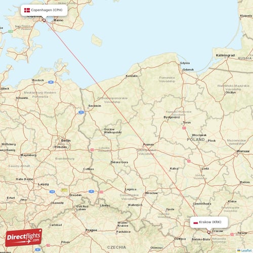 Copenhagen - Krakow direct flight map