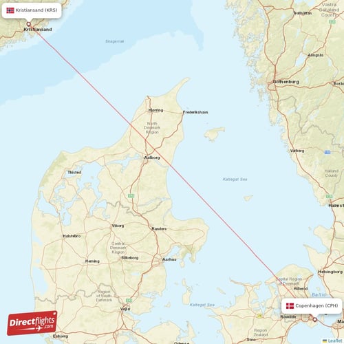 Copenhagen - Kristiansand direct flight map