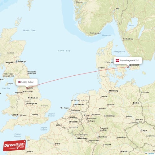 Copenhagen - Leeds direct flight map
