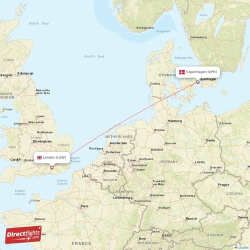 Copenhagen - London direct flight map