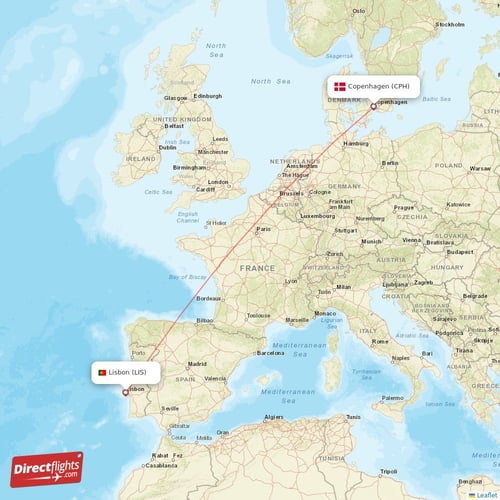 Copenhagen - Lisbon direct flight map