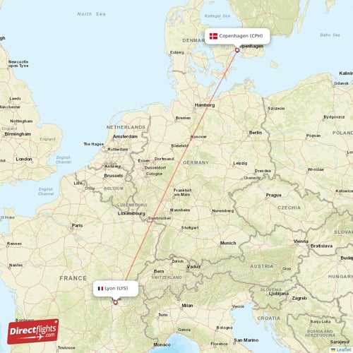 Copenhagen - Lyon direct flight map