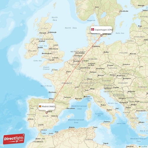 Copenhagen - Madrid direct flight map