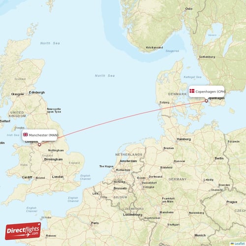 Copenhagen - Manchester direct flight map