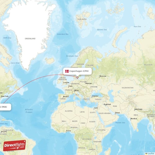 Copenhagen - Miami direct flight map