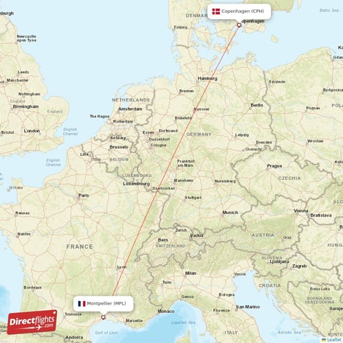 Copenhagen - Montpellier direct flight map