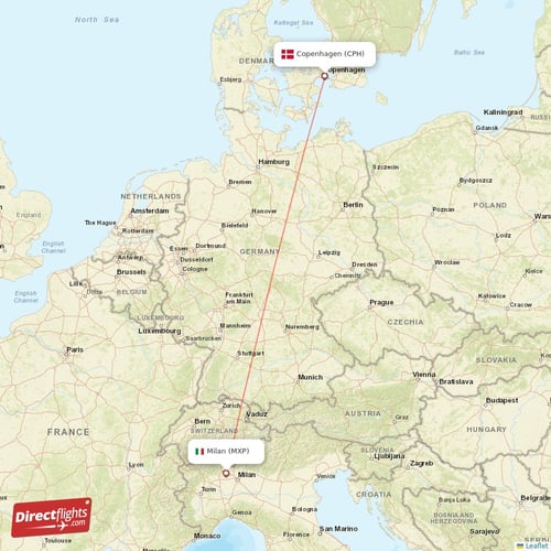Copenhagen - Milan direct flight map