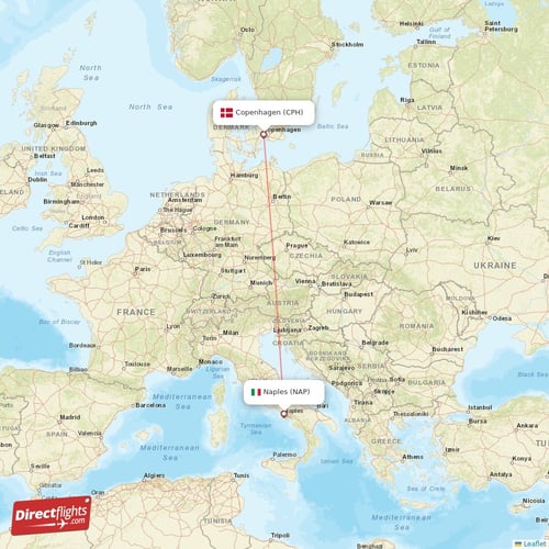Copenhagen - Naples direct flight map