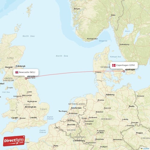 Copenhagen - Newcastle direct flight map