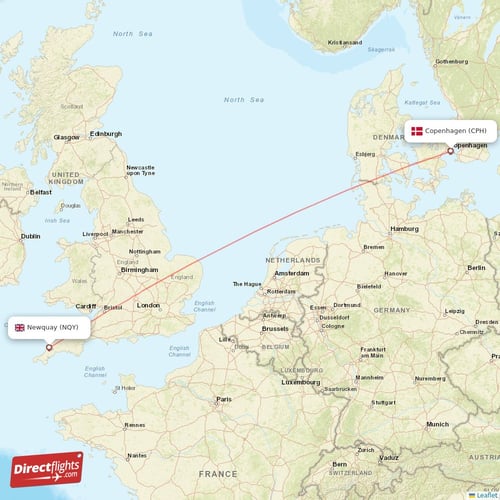 Copenhagen - Newquay direct flight map