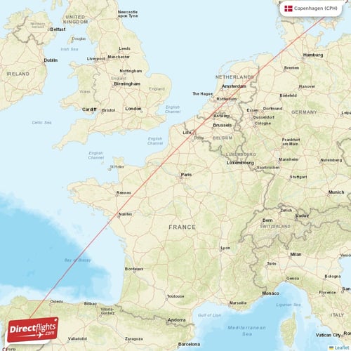 Copenhagen - Porto direct flight map