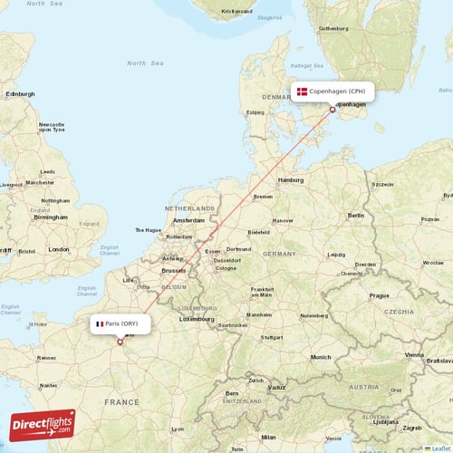 Copenhagen - Paris direct flight map