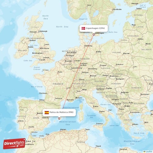 Copenhagen - Palma de Mallorca direct flight map