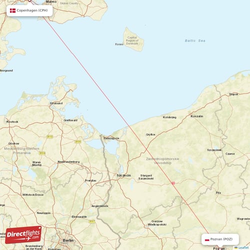Copenhagen - Poznan direct flight map