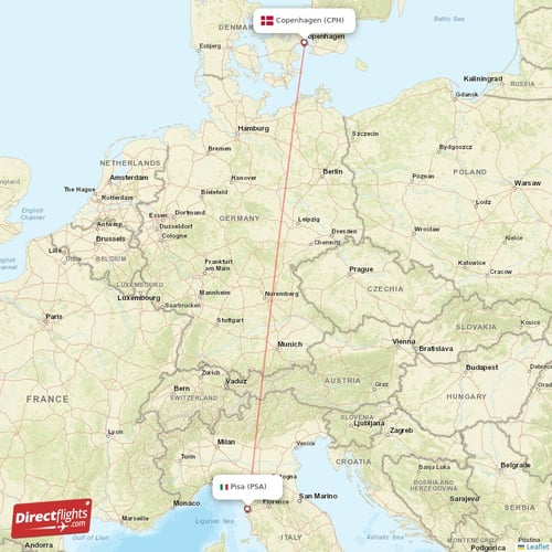 Copenhagen - Pisa direct flight map