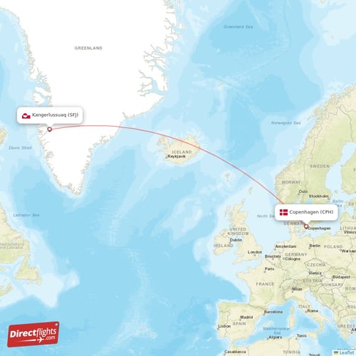 Copenhagen - Kangerlussuaq direct flight map
