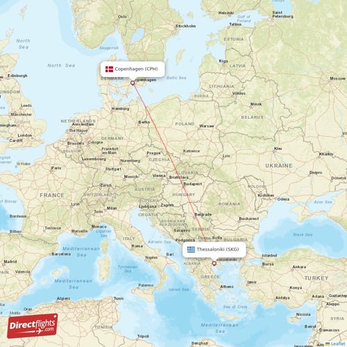 Copenhagen - Thessaloniki direct flight map