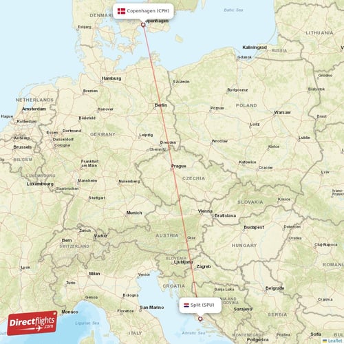 Copenhagen - Split direct flight map