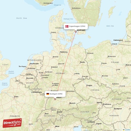Copenhagen - Stuttgart direct flight map