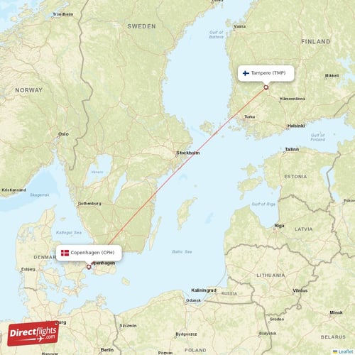 Copenhagen - Tampere direct flight map