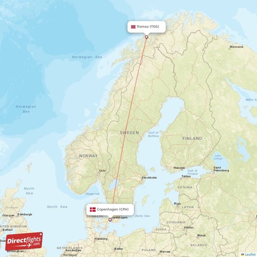 Copenhagen - Tromso direct flight map