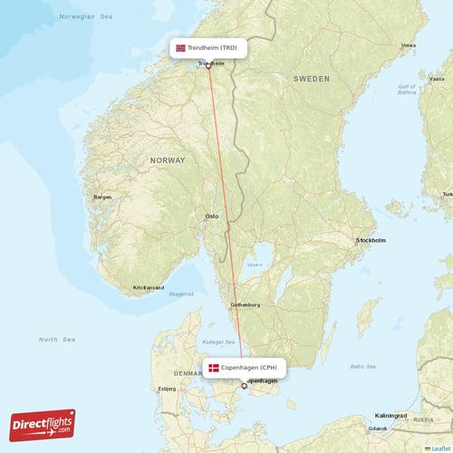 Copenhagen - Trondheim direct flight map