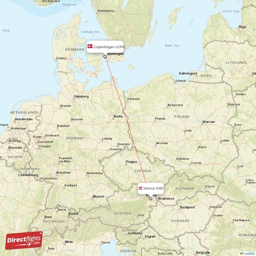 Copenhagen - Vienna direct flight map