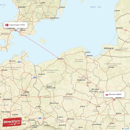 Copenhagen - Warsaw direct flight map