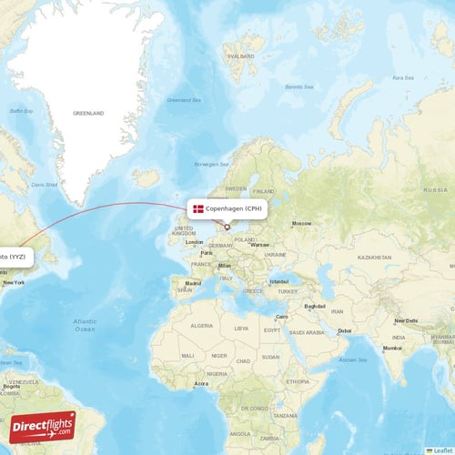 Copenhagen - Toronto direct flight map