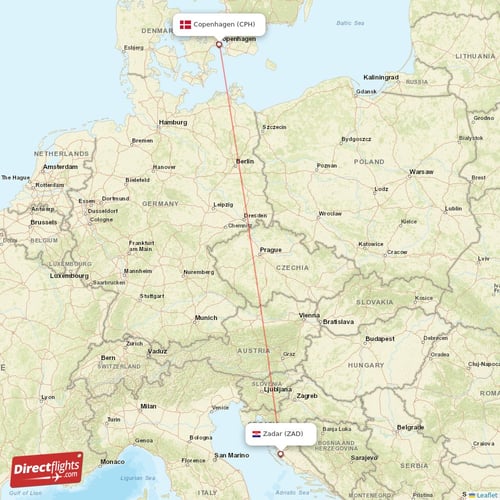 Copenhagen - Zadar direct flight map