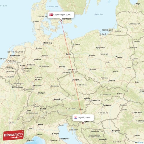 Copenhagen - Zagreb direct flight map