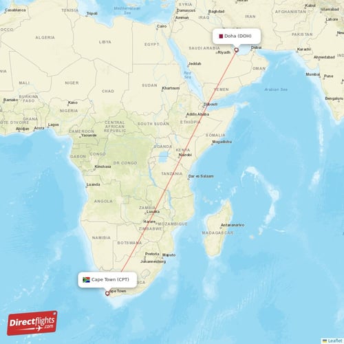 Cape Town - Doha direct flight map