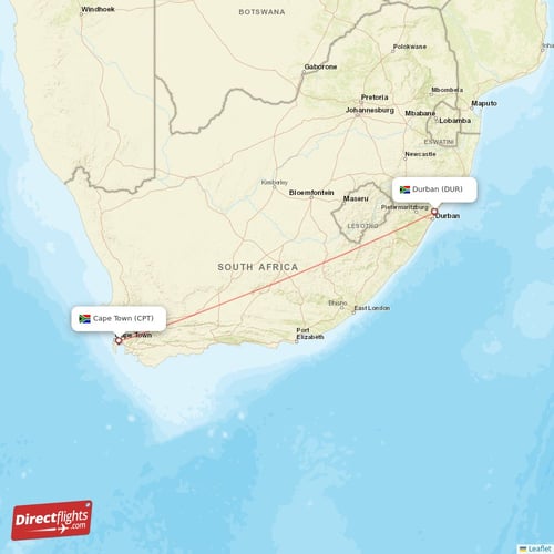 Cape Town - Durban direct flight map