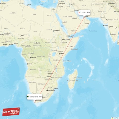 Cape Town - Dubai direct flight map