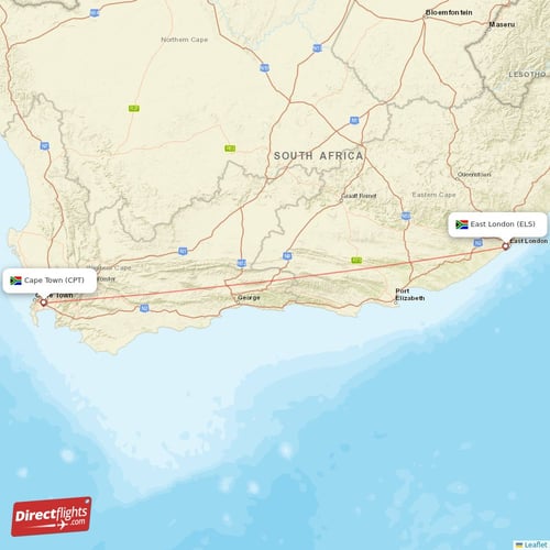 Cape Town - East London direct flight map