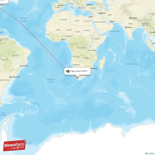 Cape Town - New York direct flight map