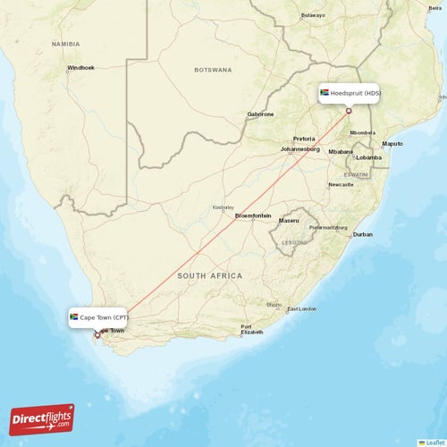 Cape Town - Hoedspruit direct flight map