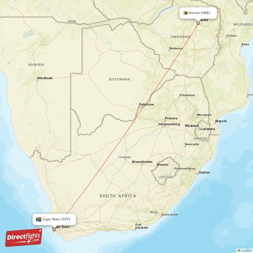 Cape Town - Harare direct flight map
