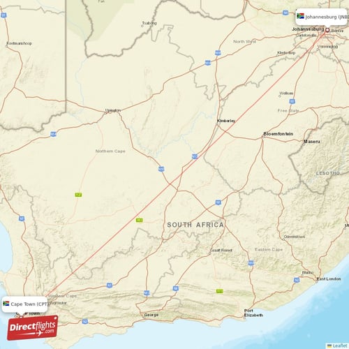 Cape Town - Johannesburg direct flight map