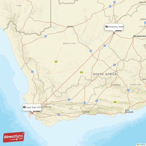 Cape Town - Kimberley direct flight map
