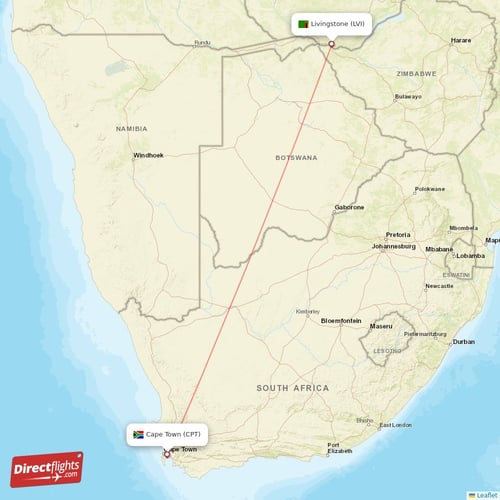 Cape Town - Livingstone direct flight map