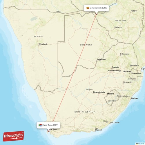 Cape Town - Victoria Falls direct flight map